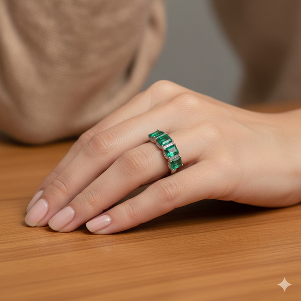 Elegant Five Emerald Cut Natural Emerald Gemstone Ring with Diamond Accents