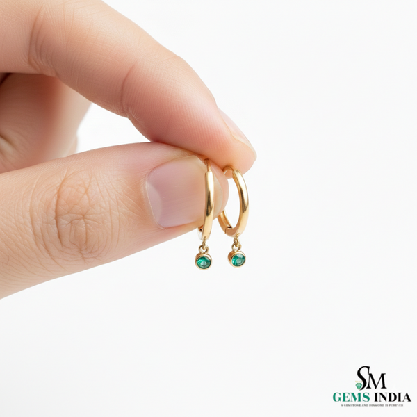 Emerald Drop Hoop Earrings in Gold – Round Emerald Dangle Huggie Earrings
