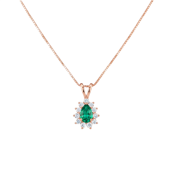 Teardrop Natural Emerald and Diamond Halo Necklace May Birthstone Jewelry Gift