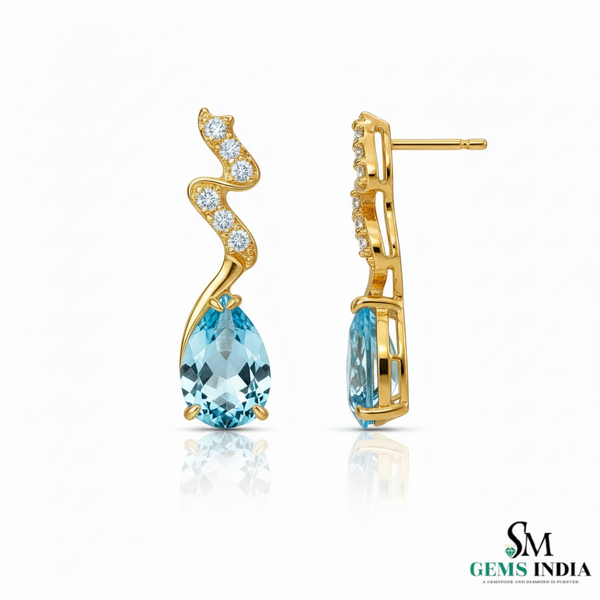 Natural Aquamarine Pear Drop Earrings with Diamond Accents