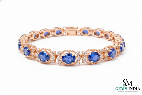 Classic Oval Blue Sapphire Bracelet with Diamond-Style Halo - Statement Jewelry
