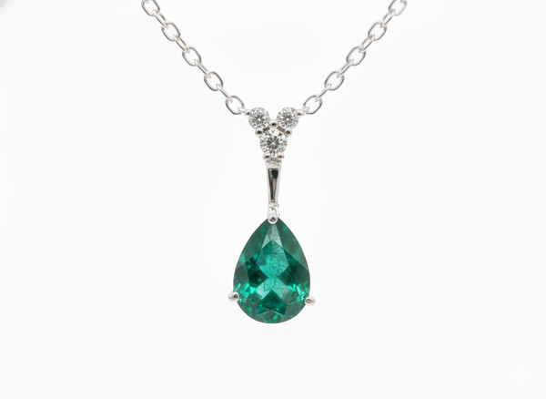 3.40 carat Luxury Pear Natural Emerald Pendant Necklace with Diamond Trio Accent