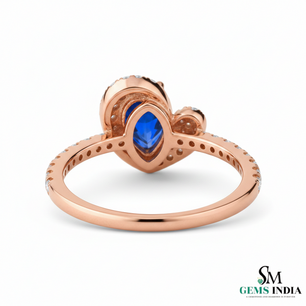 Pear Shape Blue Sapphire Diamond Ring with Heart Halo - Promise Ring