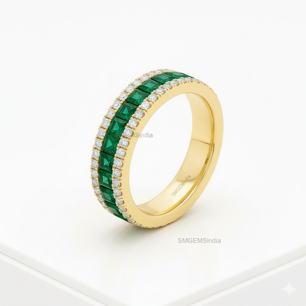 1.09 carat Princess Cut Natural Emerald & Diamond Eternity Band in 14k Gold