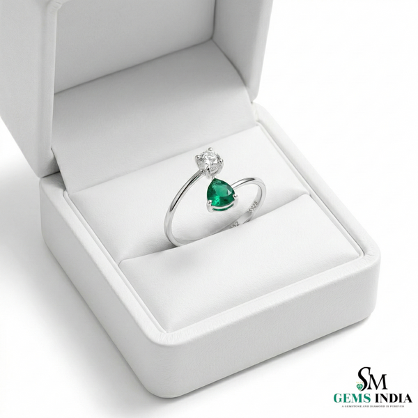 Contemporary Open Band Emerald Ring with Diamond Accent