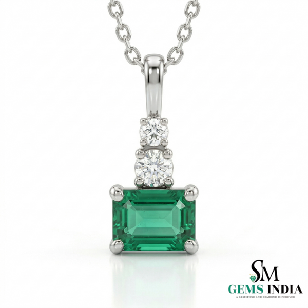 Emerald Cut Green Emerald Pendant with Double Round Diamond Accent