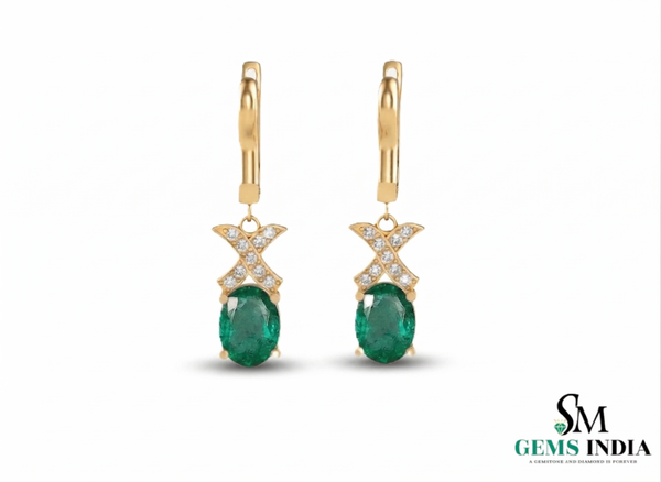 Luxury 3.90 carat Natural Emerald Oval Earrings with Sparkling Diamond X Motif