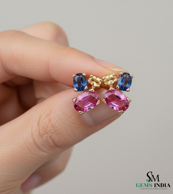 Multicolor Gemstone Trio Cluster Stud Earrings - Earrings for Women