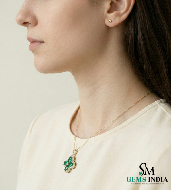 Oval Emerald Cluster Clover Pendant with Diamond Halo in Gold
