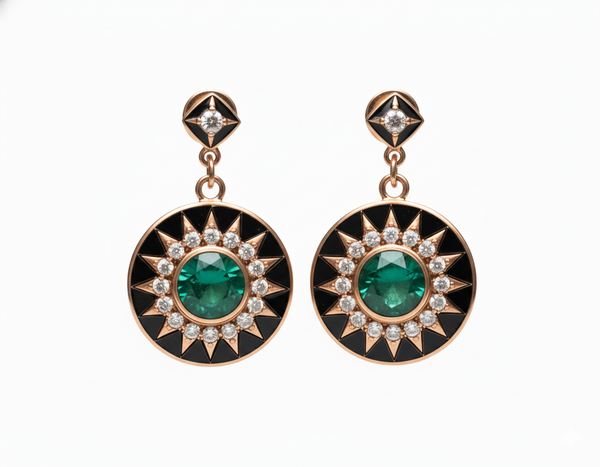 1.10 carat Black Enamel Natural Emerald Earrings 14k Gold Diamond May Birthstone