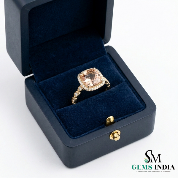 Cushion Cut Peach Statement Morganite Halo Ring with Brilliant Diamond Border