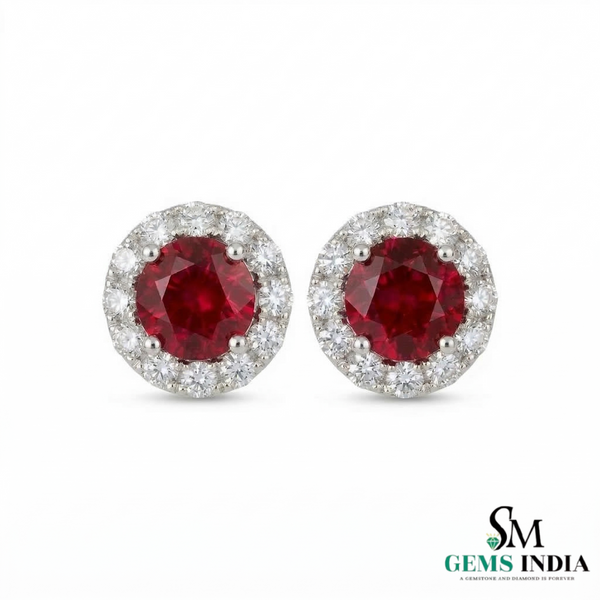 Round Ruby Halo Stud Earrings with Diamonds - Elegant Ruby Gold Stud Earrings