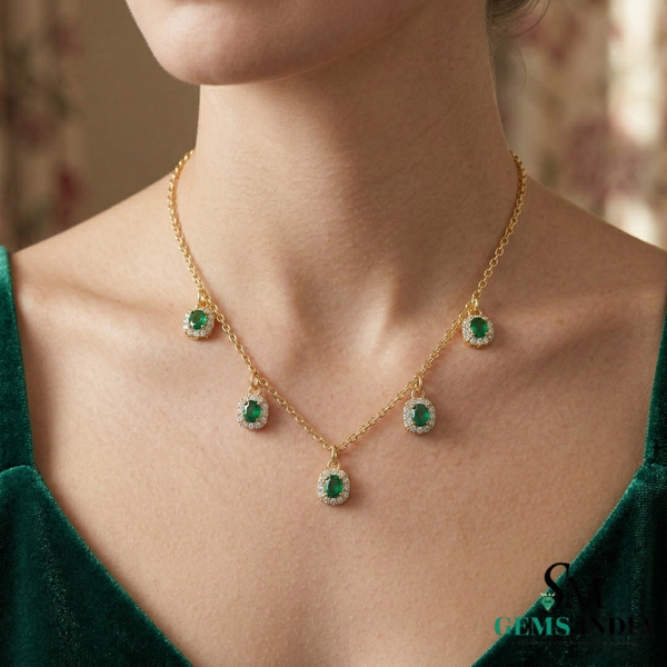 Elegant Oval Emerald Station Necklace with Diamond Halo - Gift for her