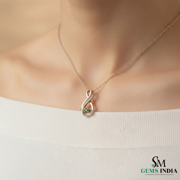 Round Natural Emerald Infinity Diamond Halo Pendant - Infinity pendant for women