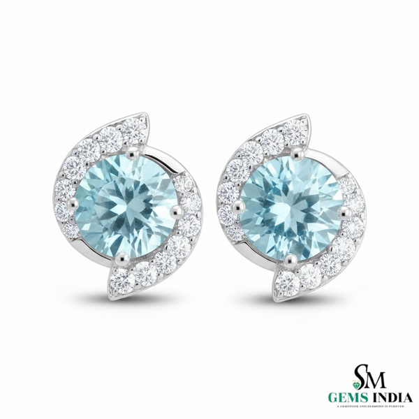 Round Cut Aquamarine & Diamond Stud Earrings