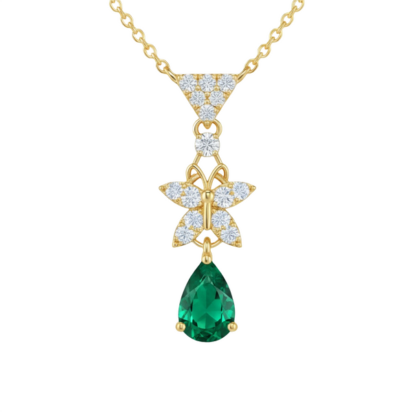 Butterfly Natural Emerald Pendant Necklace Pear Cut Green Gemstone in 14K gold 