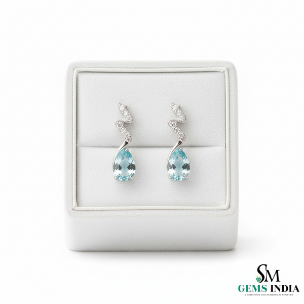 Natural Aquamarine Pear Drop Earrings with Diamond Accents
