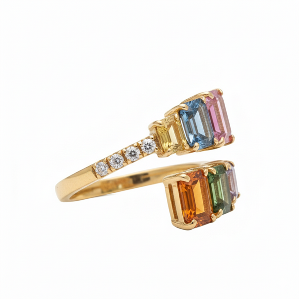 Doppelter Smaragd-Ring in offenem Design aus 14 Karat Gold – Band mit quadratisch und rund geschliffenen grünen Edelsteinen