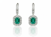 8 carat Vintage Style Natural Emerald-Cut Emerald Earrings with Diamond Halo Drop Earrings in 14K White Gold