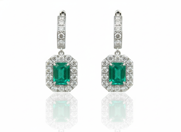 8 carat Vintage Style Natural Emerald-Cut Emerald Earrings with Diamond Halo Drop Earrings in 14K White Gold