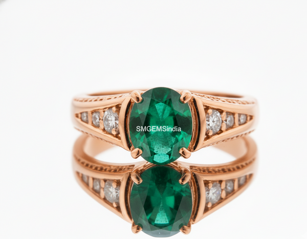 3.20 carat Oval cut Natural Emerald & Diamond Accent Ring with Split Shank Band
