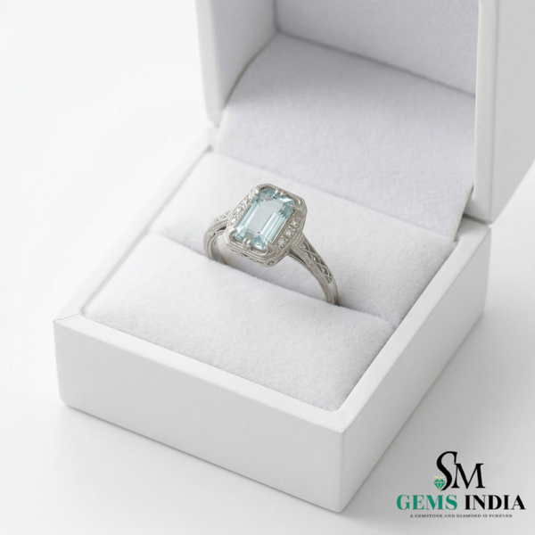 Emerald Cut Aquamarine Halo Ring with Diamond Accents - Vintage Inspired Statement Ring