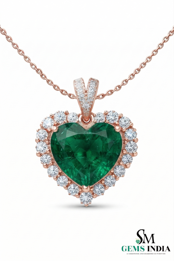 Heart Shape Emerald & Diamond Halo Pendant in Gold - Green Emerald Heart for Women