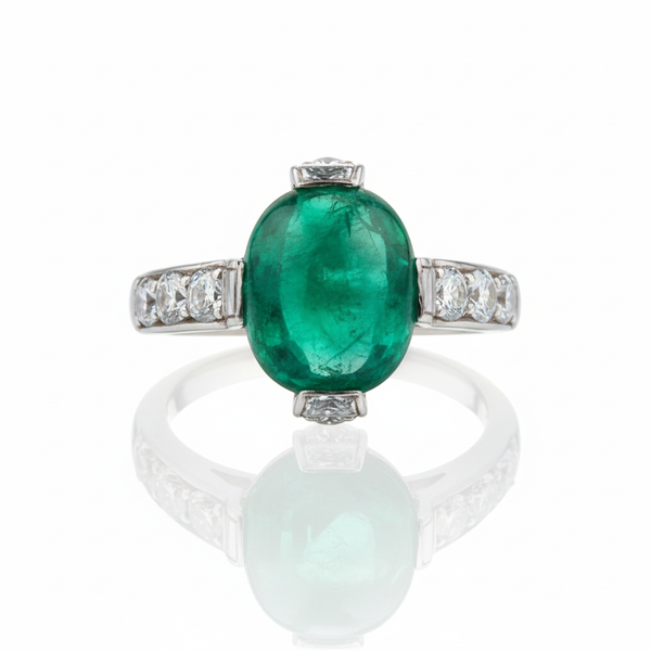 Oval shape Natural Emerald Cabochon Engagement Ring with Diamond Band 3.20 carat 18K Gold Ring