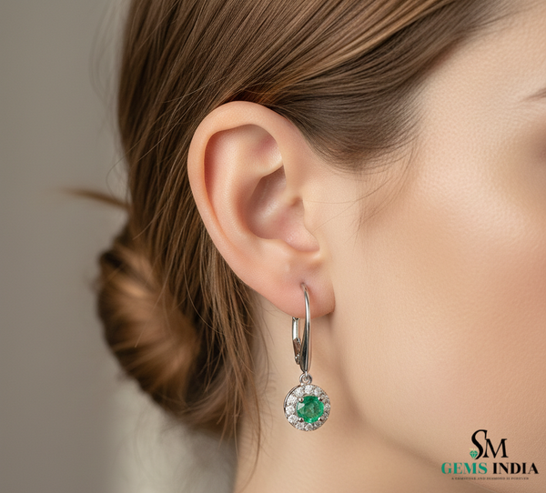Round Emerald Halo Diamond Drop Leverback Earrings - Fine Gemstone Jewelry