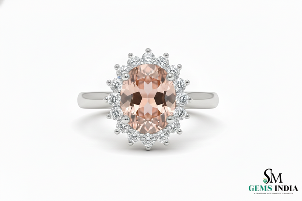 Luxury Oval Morganite Halo Ring with Diamonds - Blush Pink Engagement Ring
