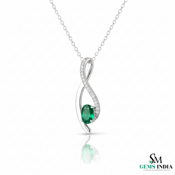 Oval Shape Natural Green Emerald & Diamond Twist Pendant - Green Gemstone Jewelry