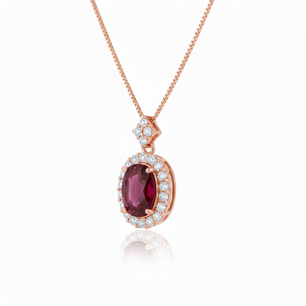 Oval Cut Ruby & Diamond Halo Pendant in 14K Gold