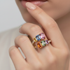 Emerald Cut Rainbow Multi sapphires and diamond Bypass Ring Unique 18k Gold Open Bypass Band