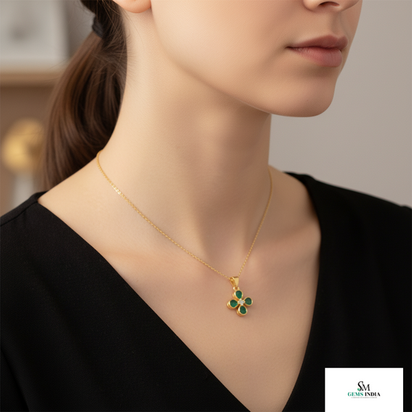 Pear shaped Natural Emerald and Diamond Four-Leaf Clover Pendant in 14K Gold Gift for her