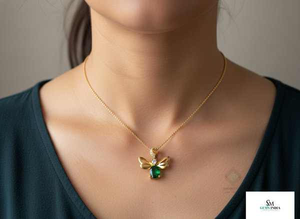Oval Natural Emerald Angel Pendant in 14K Gold Green Gemstone Fairy Wing May Birthstone Gift for Her