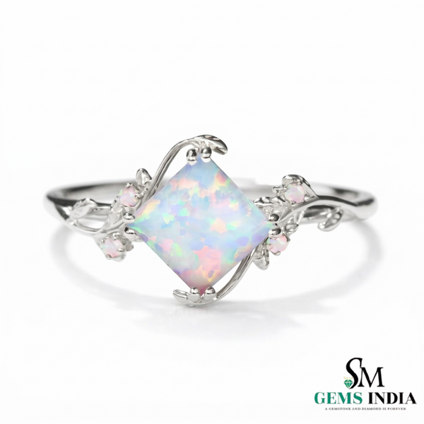 Octagon Cut Opal Ring with Floral Vine Design – Nature Inspired Yellow Gold Opal Ring
