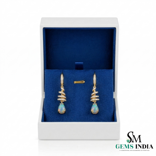 Pear Opal Drop Earrings with Diamond Spiral Design
