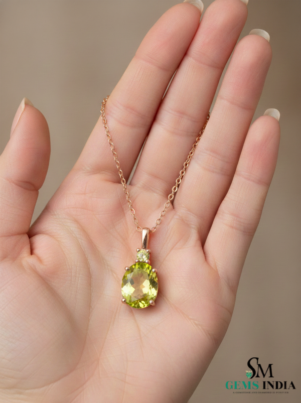 Oval Cut Natural Peridot Pendant with Diamond
