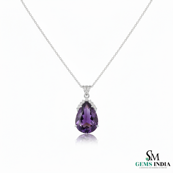 Luxury Pear Cut Amethyst Pendant with Diamond Halo in 18k gold