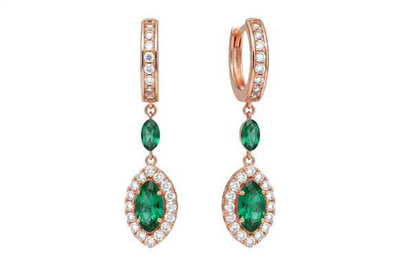 Marquise-Cut Natural Emerald Drop Earrings Diamond Halo Design
