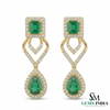 14K Gold Square Cut & Pear Emerald Diamond Dangle Earrings