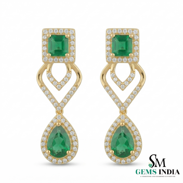 14K Gold Square Cut & Pear Emerald Diamond Dangle Earrings