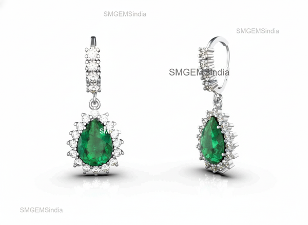 2.40 Carat Pear Shaped Natural Emerald Halo Earrings Fine Gold Drop Earrings for Women in 18k Gold