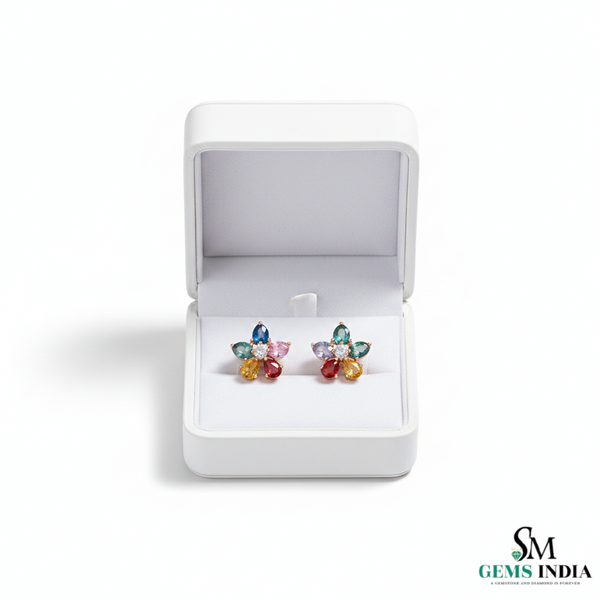 Multicolor Pear Cut Gemstone Flower Stud Earrings – Diamond Center Floral Cluster Earrings for Women
