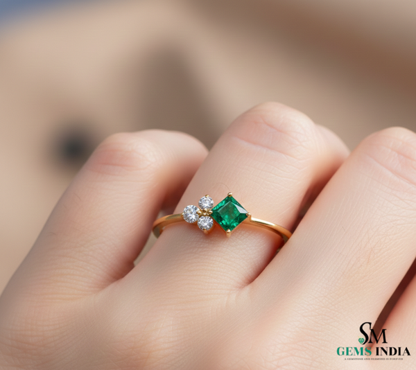 Princess Cut Green Emerald Ring with Trio Diamond Accent Cluster – Minimalist Fine Jewelry
