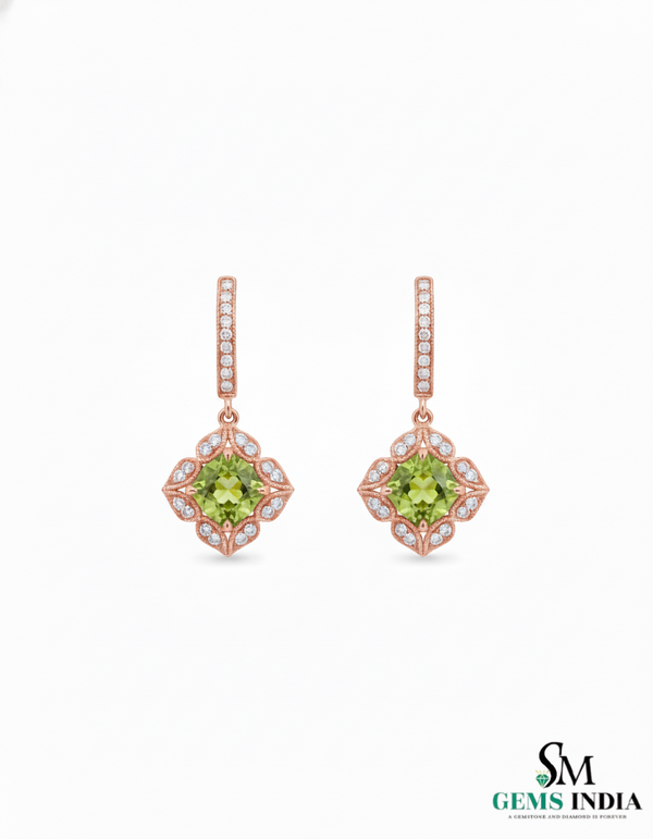 Cushion Cut Natural Peridot Diamond Dangle Earrings - Bridal gemstone earrings