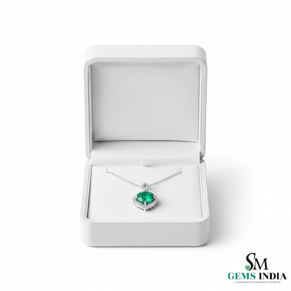 Round Emerald and Diamond Halo Pendant in 18K Gold May Birthstone Jewelry