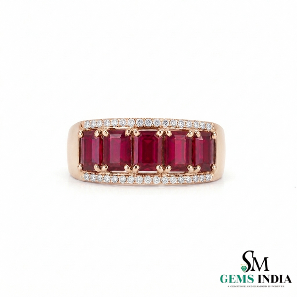Emerald Cut Ruby Diamond Band Ring in 14k Gold - Statement Anniversary Ring
