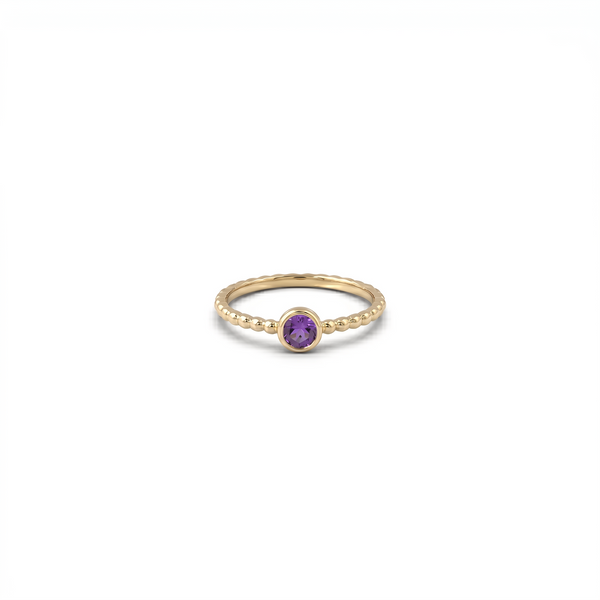 Dainty Amethyst Solitaire Ring with Beaded Band – February Birthstone Jewelry
