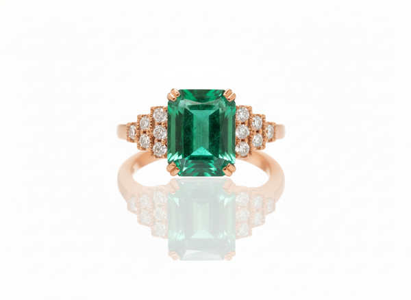 Emerald Cut Natural Emerald & Diamond Statement Ring in 14K Gold Minimalist Fine Jewelry